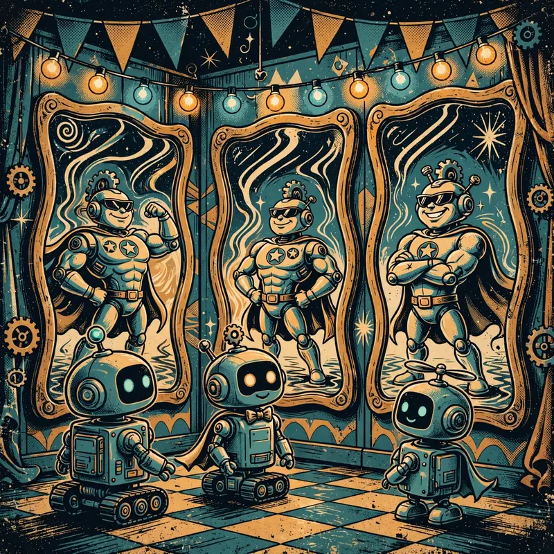 Illustrated small robots gazing into wavy funhouse mirrors that show them as muscular superheroes