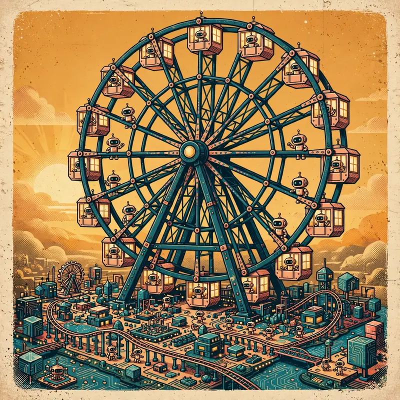 Illustrated giant Ferris wheel with glowing window-frame cabins full of robots, above a miniature circuit-board park