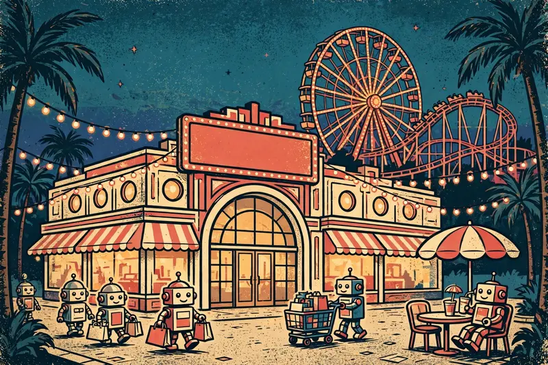 Illustrated robot shopping mall at dusk attached to the theme park: striped awnings, a glowing arched entrance, small robots carrying shopping bags and pushing a cart of gifts, the Ferris wheel and coaster rising behind it