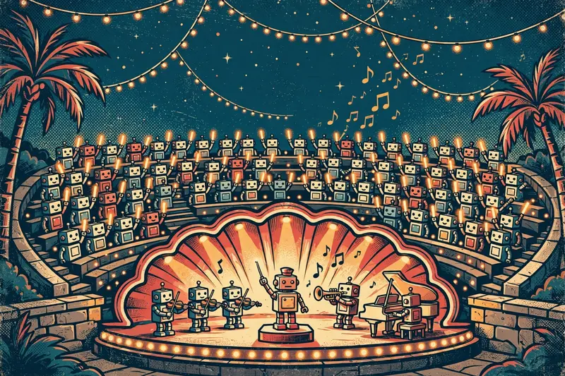Illustrated robot amphitheater at night: a shell-shaped stage with a robot conductor, violinists, trumpeter and pianist, tiered seats full of small robots holding glowing light sticks under string lights and palm trees