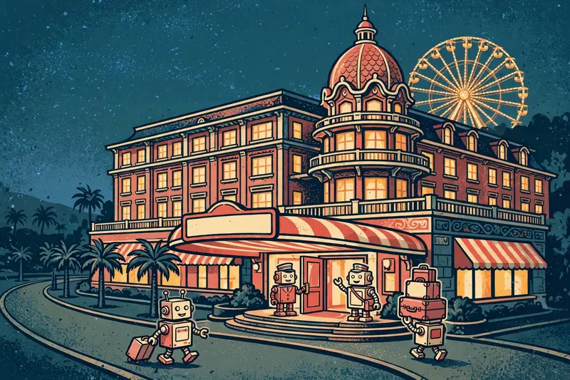 Illustrated grand robot hotel at dusk: a domed tower, glowing windows, striped entrance canopy, robot bellhops with luggage, a robot guest arriving with a suitcase, and the Ferris wheel behind